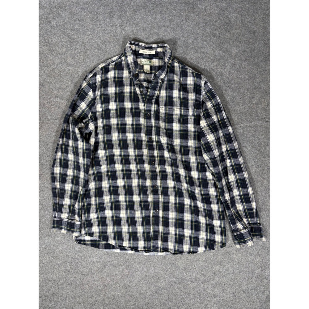 LL Bean Mens Flannel Shirt Large Navy Blue‎ White Yellow Plaid Slightly Fitted